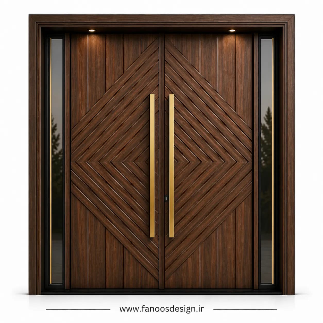 درب چوبی لابی مدرن دولنگه شیشه خور با روکش گردو کد 30452
