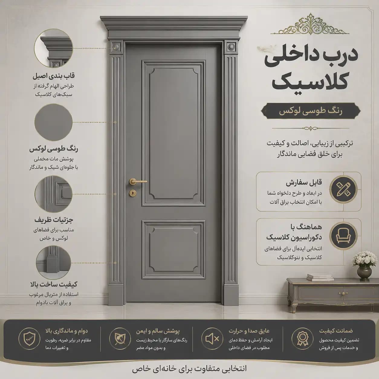 درب داخلی طوسی دو قاب کلاسیک کد 30552 — تصویر ۳