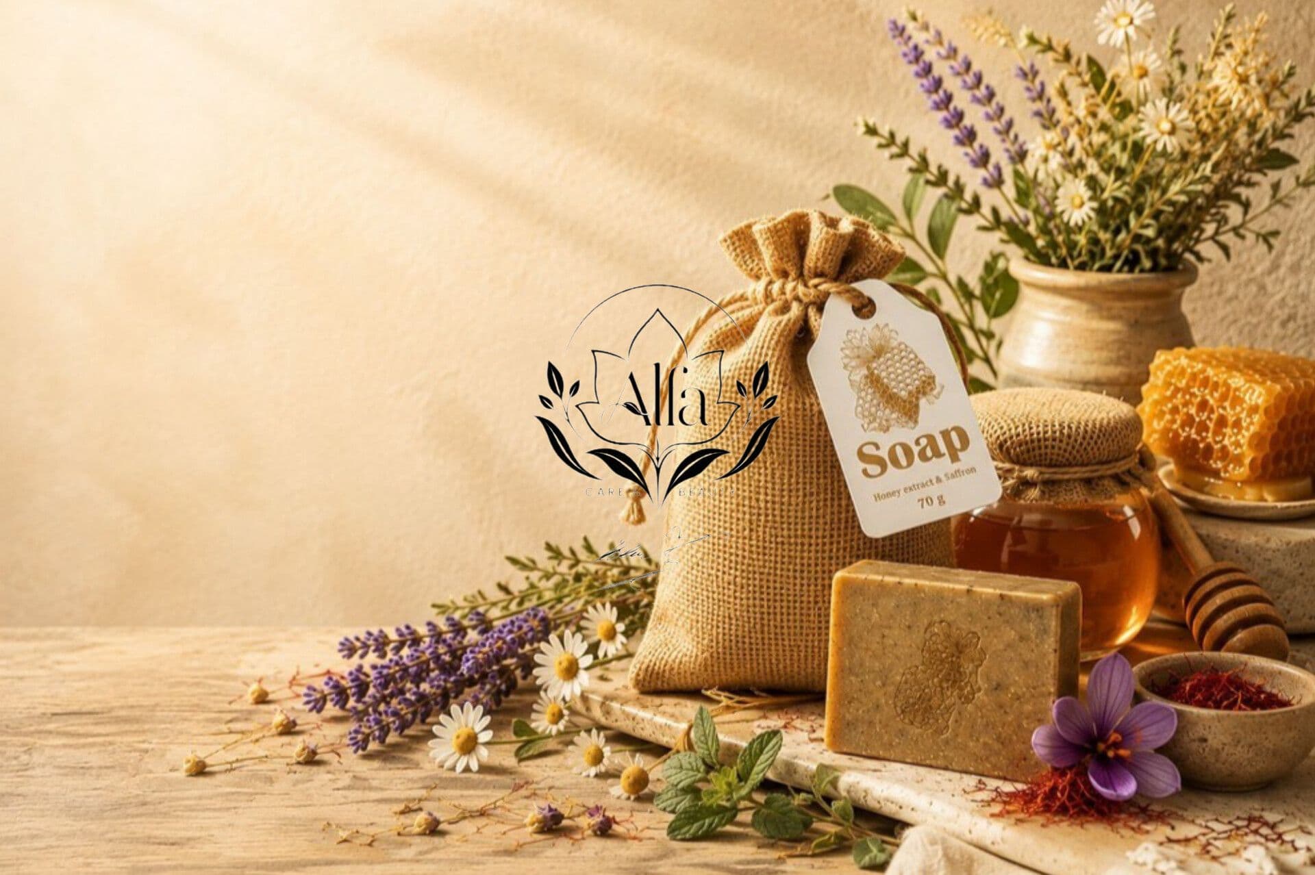 صابون گیاهی عسل و زعفران مناسب جوان‌سازی و شفاف‌سازی پوست با روغن‌های طبیعی، ۷۰ گرم