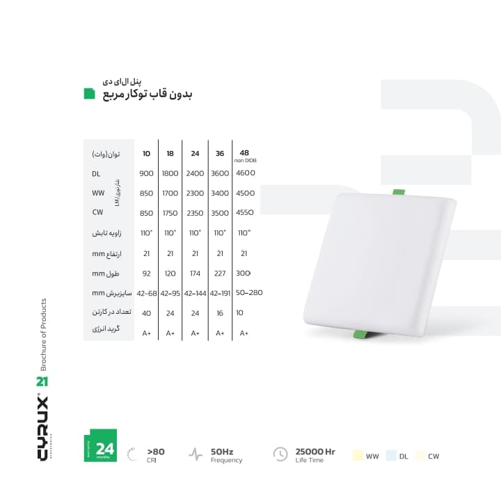 پنل فول لایت ۳۶ وات توکار مربع سایروکس — تصویر ۲