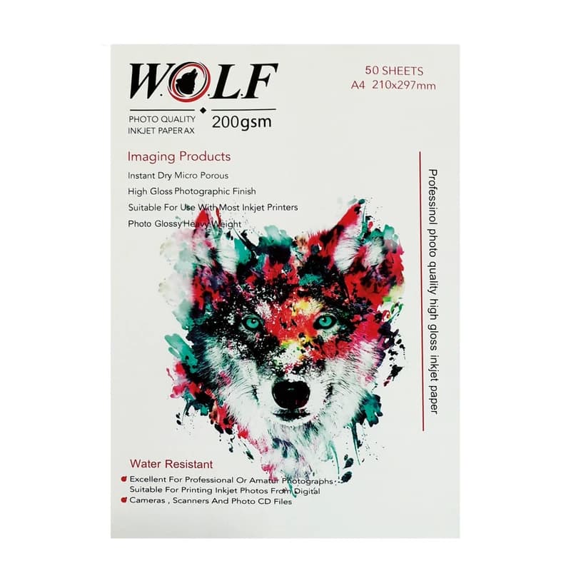 کاغذ فتوگلاسه ضد آب ولف WOLF سایز A4 وزن ۲۰۰ گرم ۵۰ برگ