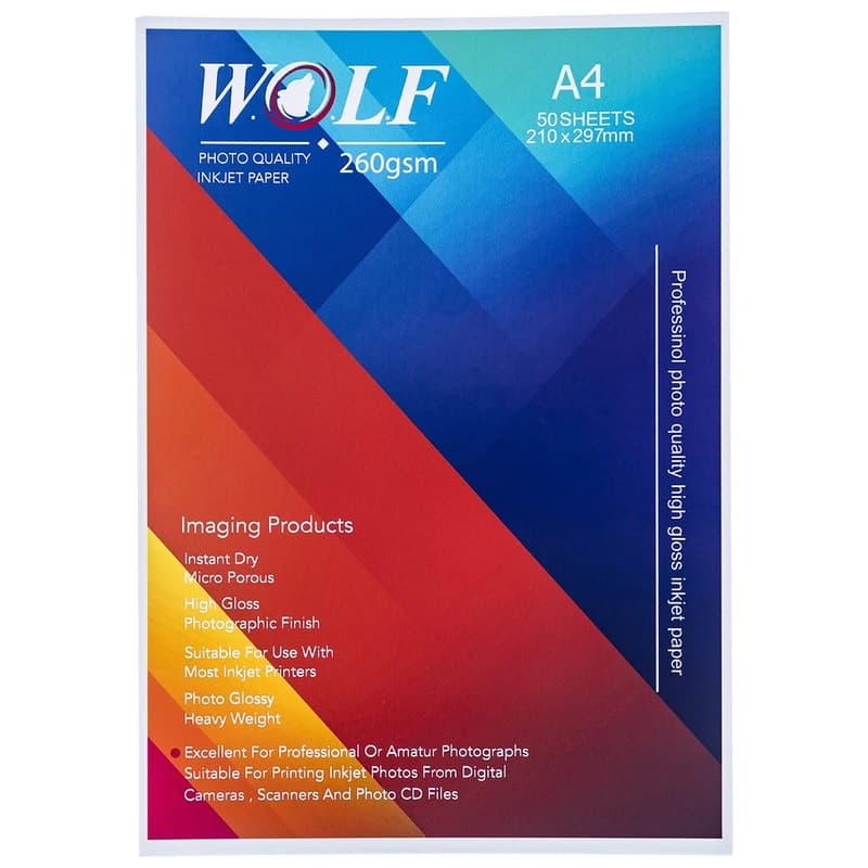 کاغذ فتوگلاسه ضد آب ولف WOLF سایز A4 وزن ۲۶۰ گرم ۵۰ برگ