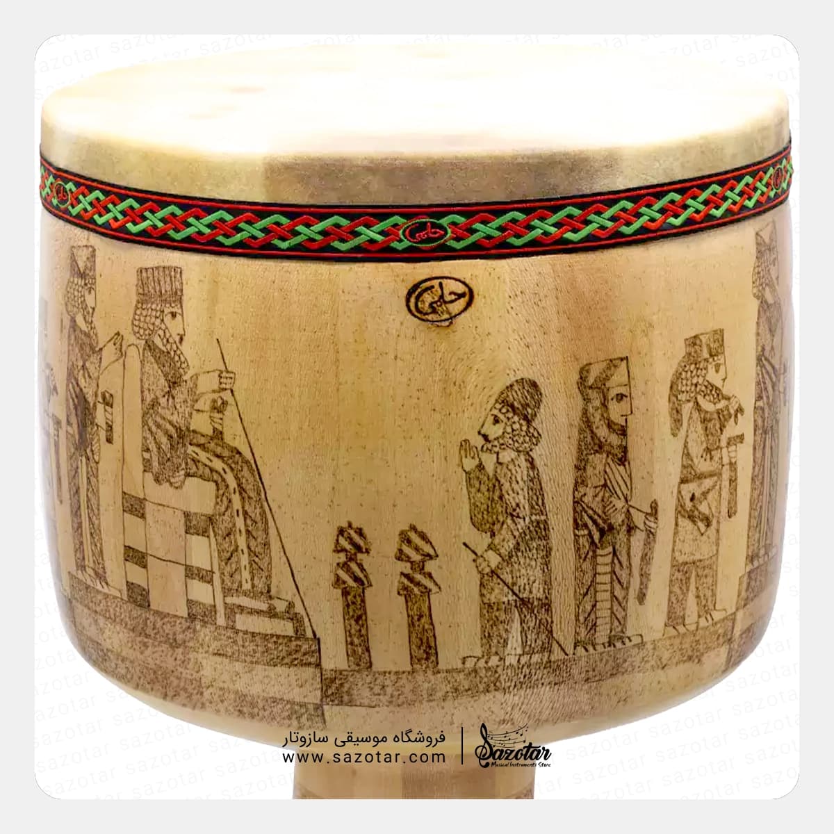 تنبک حلمی ترکه ای طرح سوخته کاری پاسارگاد سایز 28 کد 17 — تصویر ۲