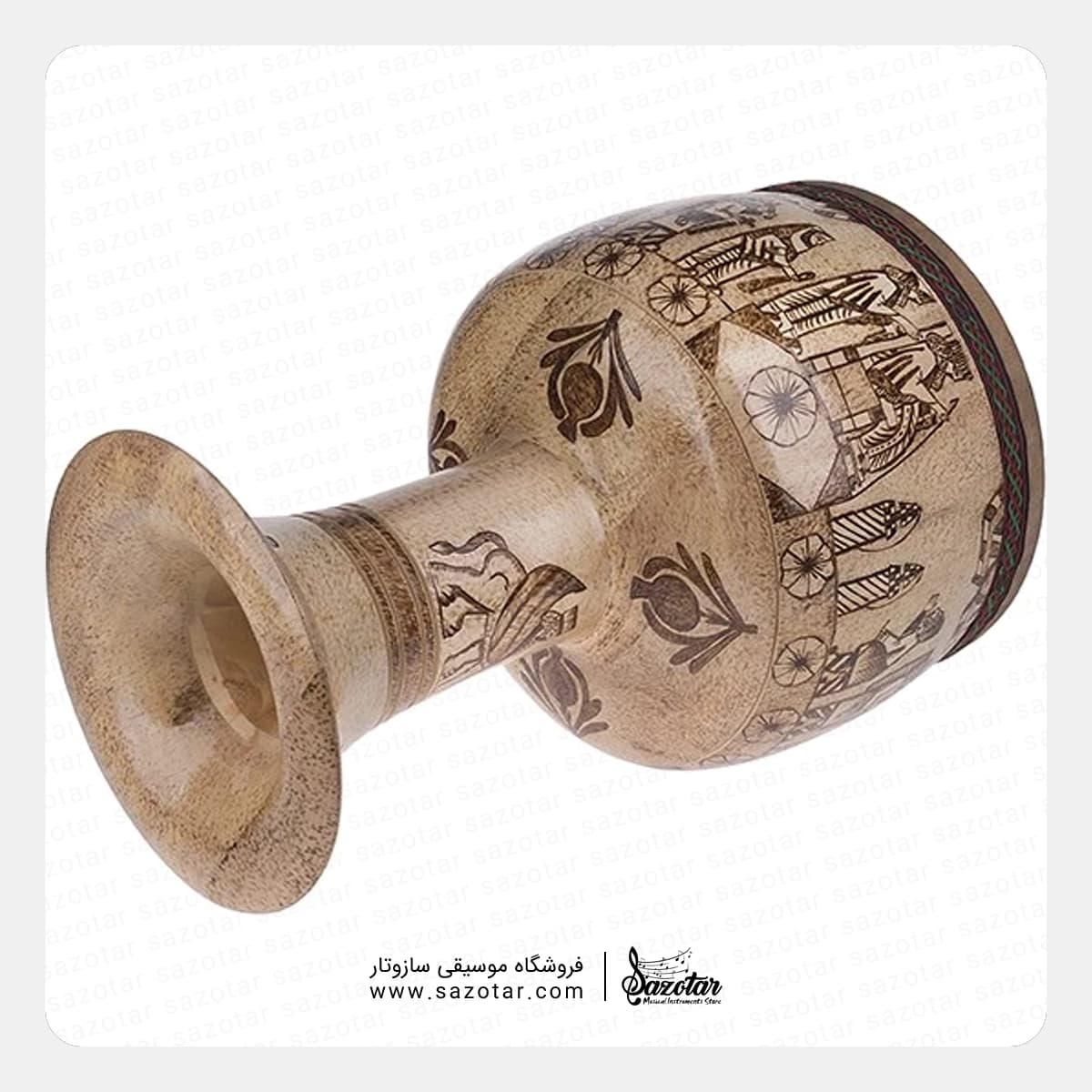 تنبک حلمی ترکه ای طرح سوخته کاری پاسارگاد سایز 28 کد 16 — تصویر ۳