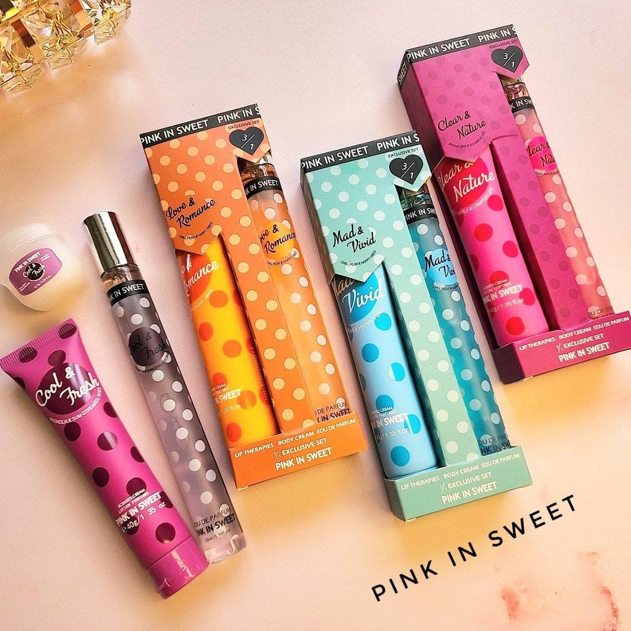 ست عطر و لوسیون بدن Pink in Sweet مدل خالخالی