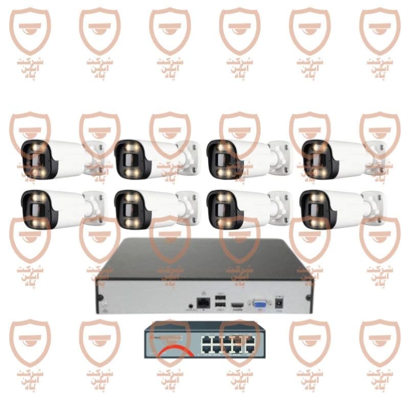 پکیج 8 عددی دوربین مداربسته 8 مگاپیکسل تحت شبکه 4K – IP- POE دید شب رنگی دارای میکروفون داخلی پیشرفته پلاک خوان تشخیص چهره سری IPB-8062WLA-POE-imenpad8062wla