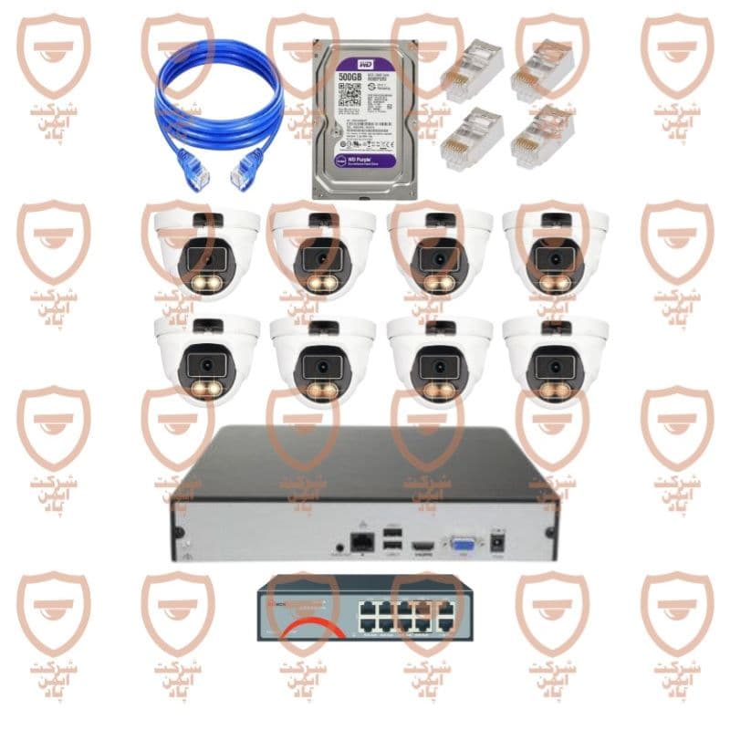 پکیج کامل دوربین مداربسته 8 عددی 8 مگاپیکسل تحت شبکه 4K – IP- POE دید شب رنگی دارای میکروفون داخلی پیشرفته پلاک خوان تشخیص چهره سری IPD-8042WLA-POE-100-imenpad8042wla