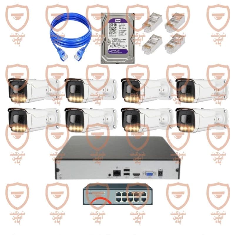 پکیج کامل دوربین مداربسته 8 عددی 8 مگاپیکسل تحت شبکه 4K – IP- POE دید شب رنگی دارای میکروفون داخلی پیشرفته پلاک خوان تشخیص چهره سری IPB-8092WLA-POE-100-imenpad8092wla