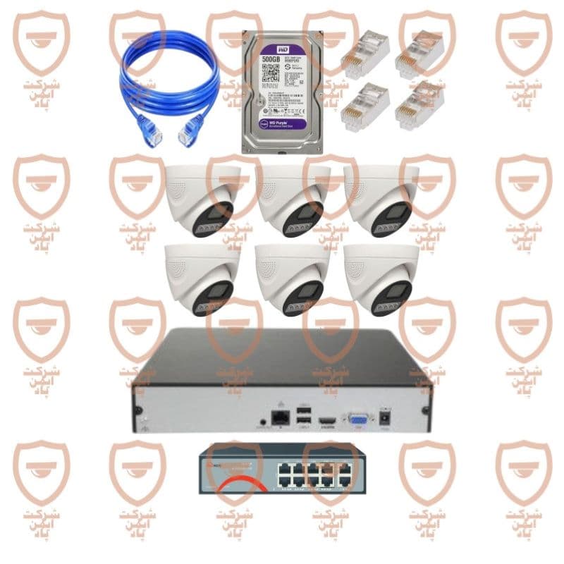 پکیج کامل دوربین مداربسته 6 عددی 5 مگاپیکسل تحت شبکه 4K – IP- POE دید شب رنگی دارای میکروفون داخلی پیشرفته پلاک خوان تشخیص چهره سری IPD-5012WLA-POE-100-imenpad5012wla