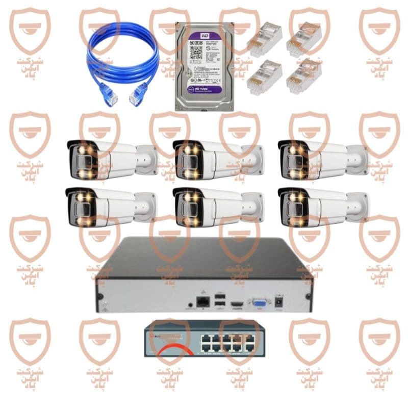 پکیج کامل دوربین مداربسته 6 عددی 5 مگاپیکسل تحت شبکه 4K – IP- POE دید شب رنگی دارای میکروفون داخلی پیشرفته پلاک خوان تشخیص چهره سری IPB-5082WLA-POE-100-imenpad5082wla