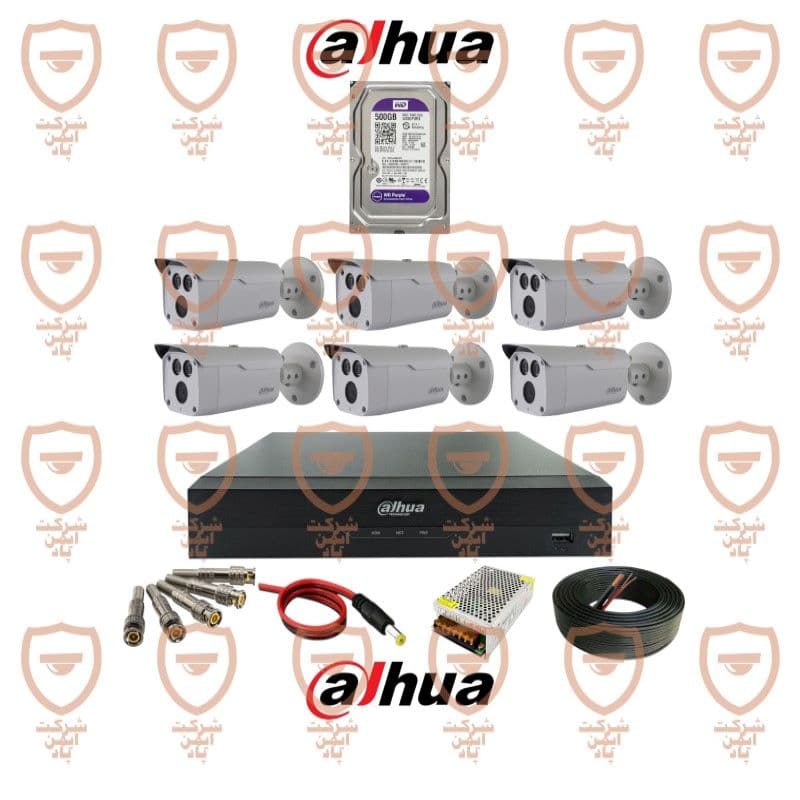 پکیج کامل 6 عددی دوربین مداربسته داهوا 5 مگاپیکسل بدنه فلزی با دیددر شب 100 متر سری HFW1500dp