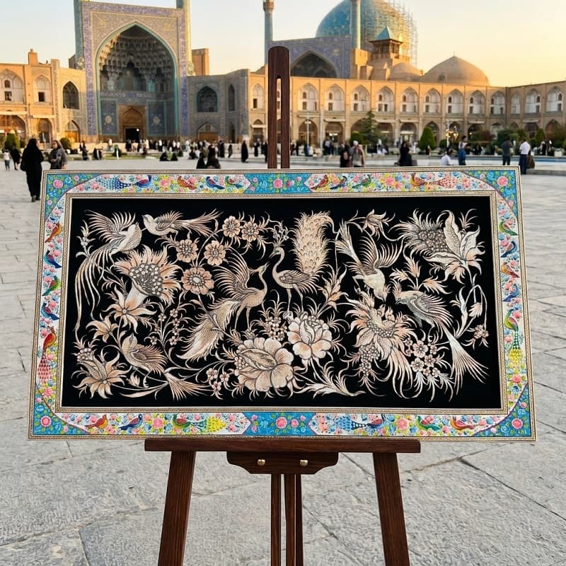 قلم زنی سیمرغ به همراه قاب مینیاتور و خاتم کاری سایز 50در 90 آبی روشن