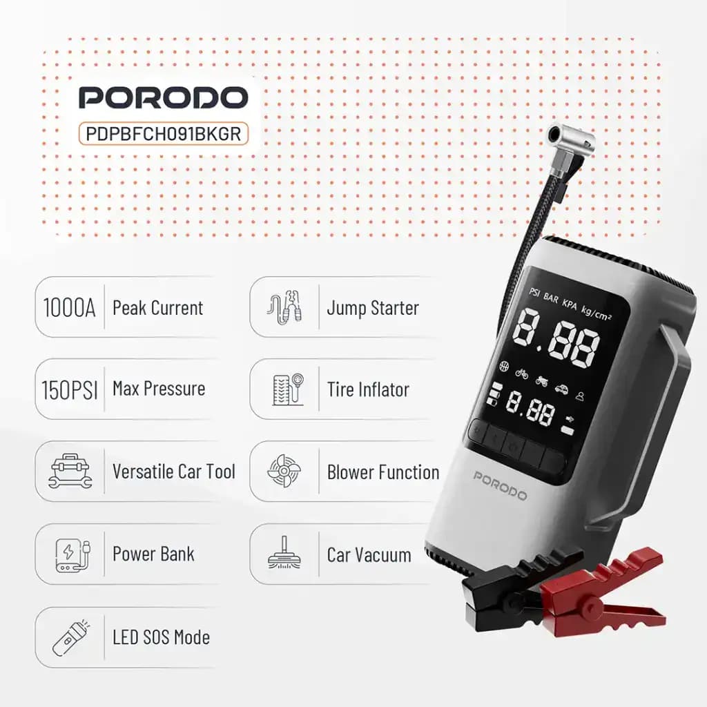 Porodo 6-in-1 Power Tool مدل PDPBFCH091BKGR؛ جامپ استارتر و کمپرسور باد چندکاره — تصویر ۱۰