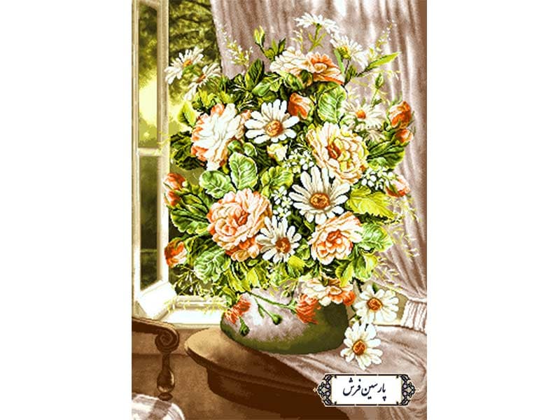 نخ و نقشه تابلو فرش گلدان کنار پنجره – کد NG1645