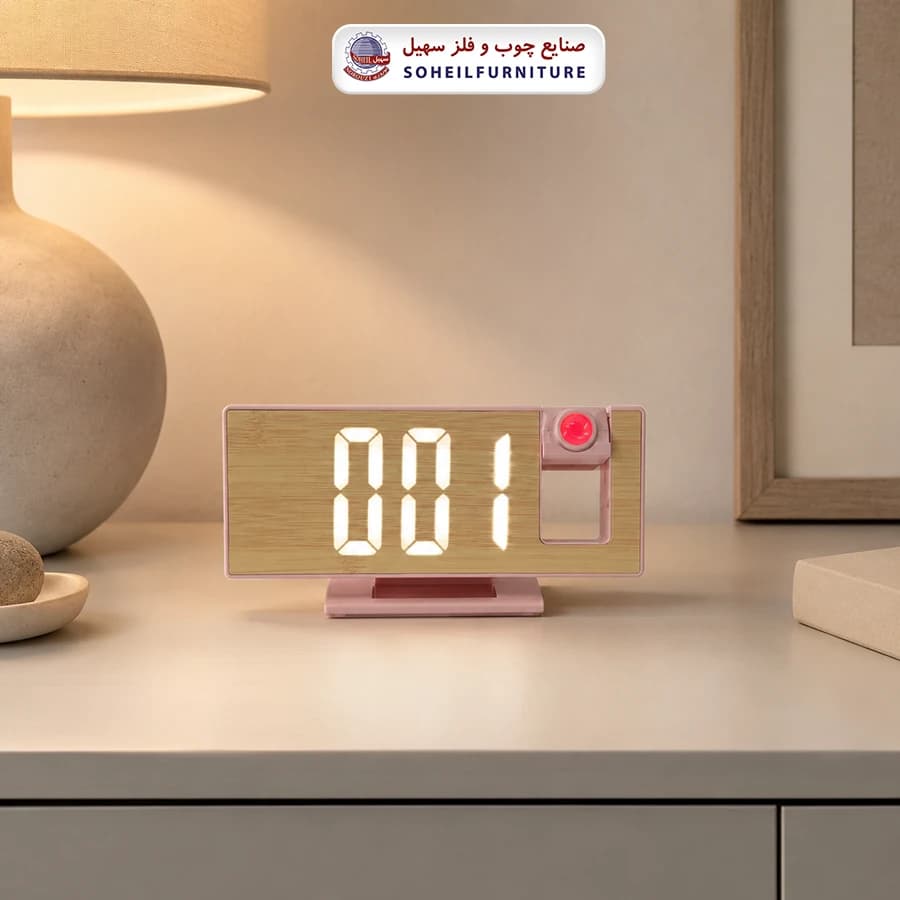 ساعت رومیزی دیجیتال چوبی لیزردار کد 5618 سهیل (ساعت دارای زنگ-دماسنج-تقویم)