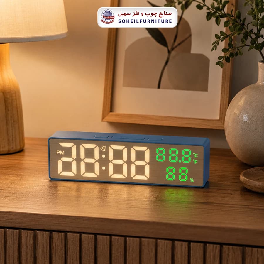 ساعت رومیزی دیجیتال چوبی کد 5818 سهیل (ساعت دارای زنگ-دماسنج-تقویم) — تصویر ۴