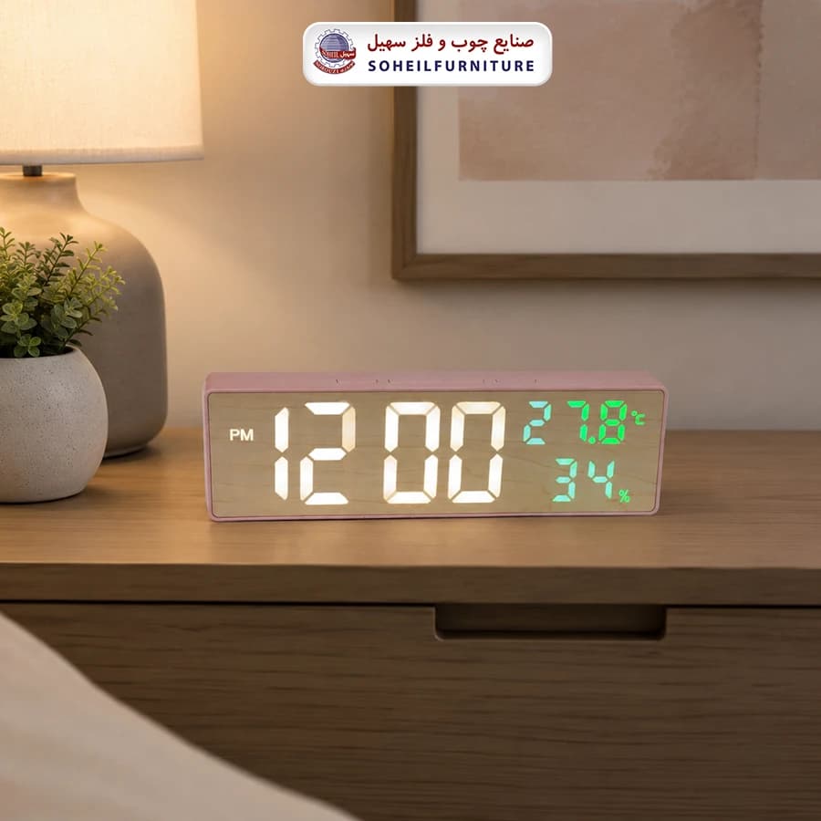ساعت رومیزی دیجیتال چوبی کد 5818 سهیل (ساعت دارای زنگ-دماسنج-تقویم) — تصویر ۳