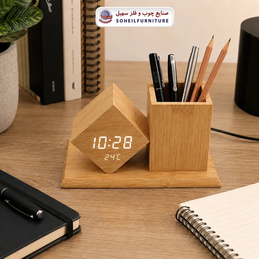 ساعت رومیزی دیجیتال چوبی جاقلمی دار کد 016 سهیل (ساعت دارای زنگ-دماسنج-تقویم)