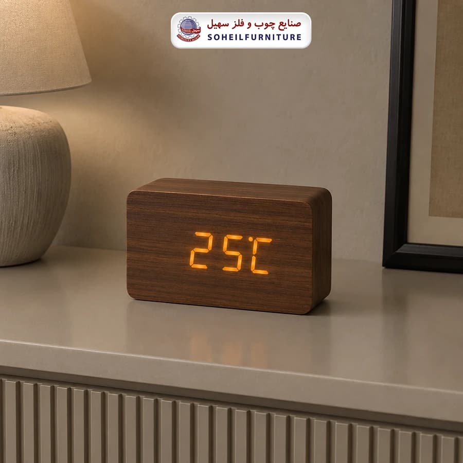 ساعت رومیزی دیجیتال چوبی کد 009 سهیل (ساعت دارای زنگ-دماسنج-تقویم)