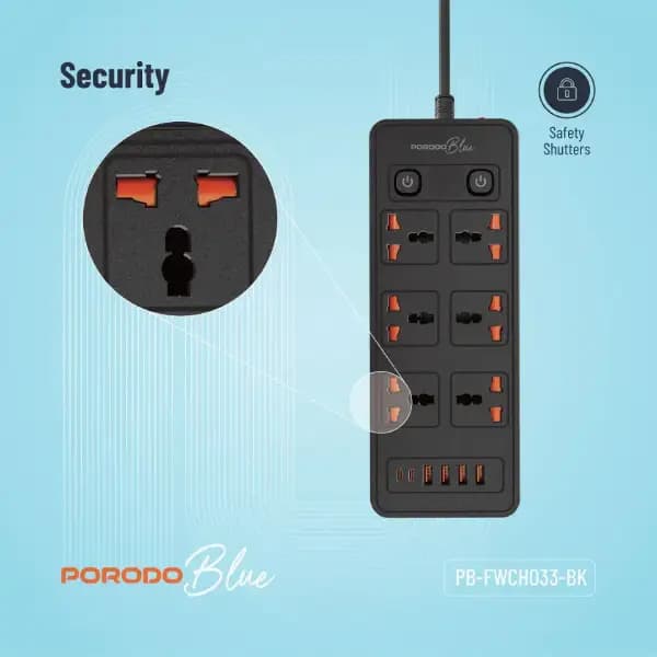 چندراهی برق ۶ پریز با کلید دوگانه پرودو مدل Porodo Blue 6 AC Dual Switch Power Strip — تصویر ۵