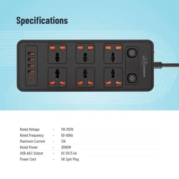 چندراهی برق ۶ پریز با کلید دوگانه پرودو مدل Porodo Blue 6 AC Dual Switch Power Strip — تصویر ۴