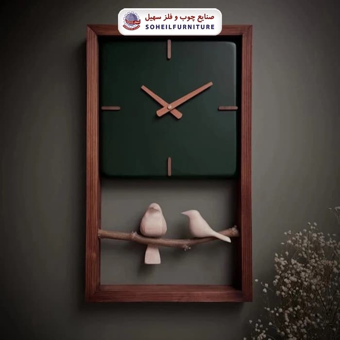 ساعت دیواری چوبی پرنده دار 50در30 مربع سهیل — تصویر ۳