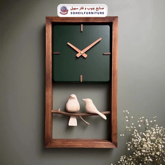 ساعت دیواری چوبی پرنده دار 45در25 مربع سهیل — تصویر ۷