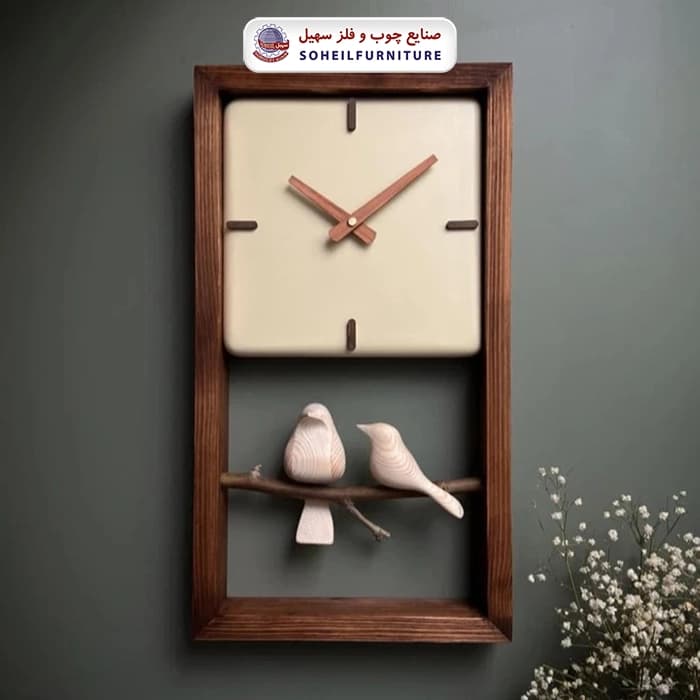 ساعت دیواری چوبی پرنده دار 45در25 مربع سهیل — تصویر ۲
