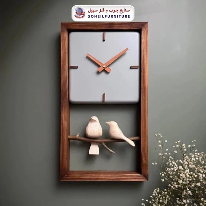 ساعت دیواری چوبی پرنده دار 45در25 مربع سهیل