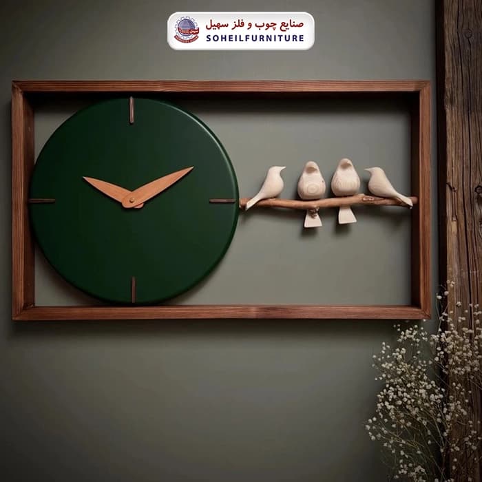 ساعت دیواری چوبی پرنده دار 70در40 افقی گرد سهیل — تصویر ۲
