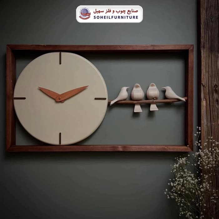 ساعت دیواری چوبی پرنده دار 70در40 افقی گرد سهیل