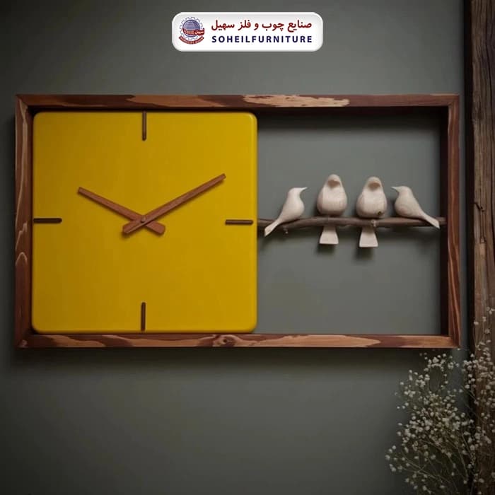ساعت دیواری چوبی پرنده دار 70در40 افقی مربع سهیل
