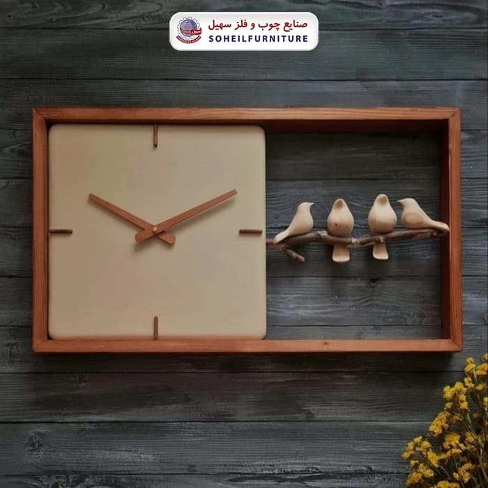 ساعت دیواری چوبی پرنده دار 70در40 افقی مربع سهیل — تصویر ۲