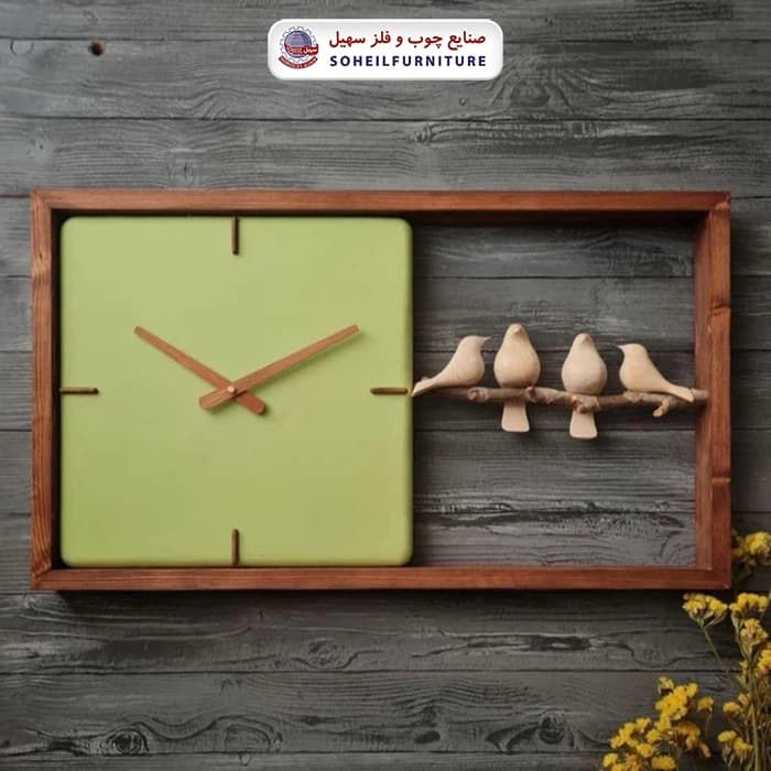 ساعت دیواری چوبی پرنده دار 70در40 افقی مربع سهیل — تصویر ۴