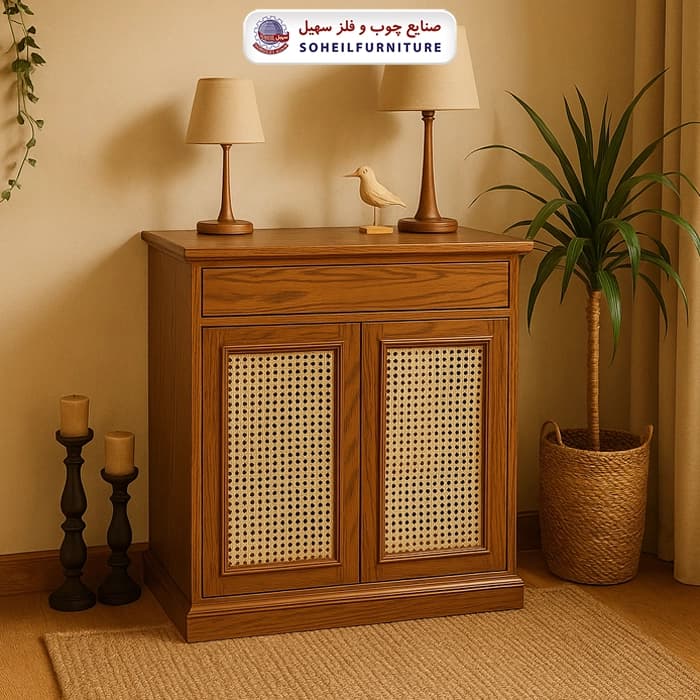 جاکفشی حصیری چوب و MDF کشو دار مدل 142 سهیل (روکش طبیعی چوب بلوط حصیربافت)