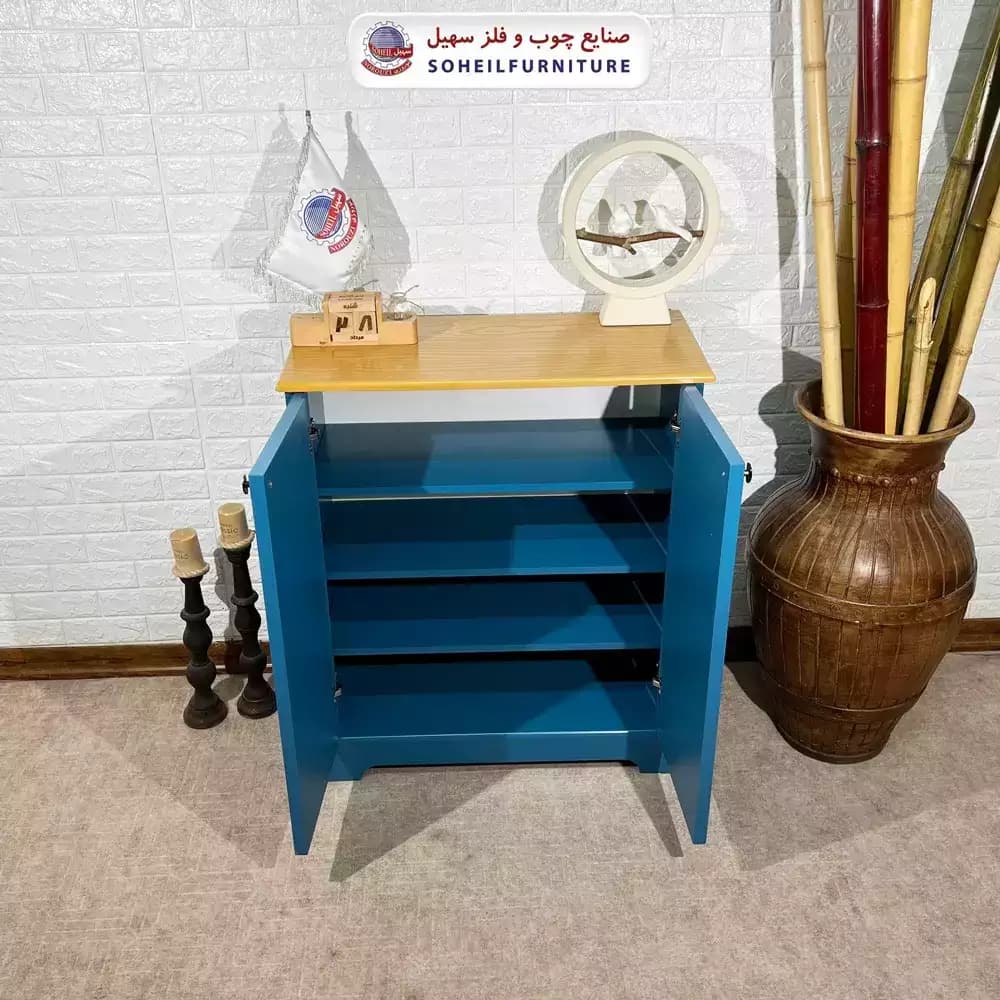 جاکفشی چوب و MDF مدل 103 سهیل (جاکفشی آبی گردویی روکش طبیعی چوب بلوط) — تصویر ۳