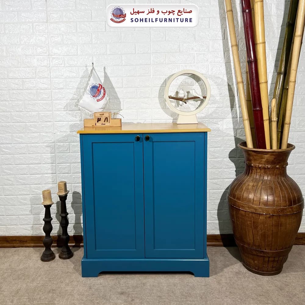 جاکفشی چوب و MDF مدل 103 سهیل (جاکفشی آبی گردویی روکش طبیعی چوب بلوط) — تصویر ۲