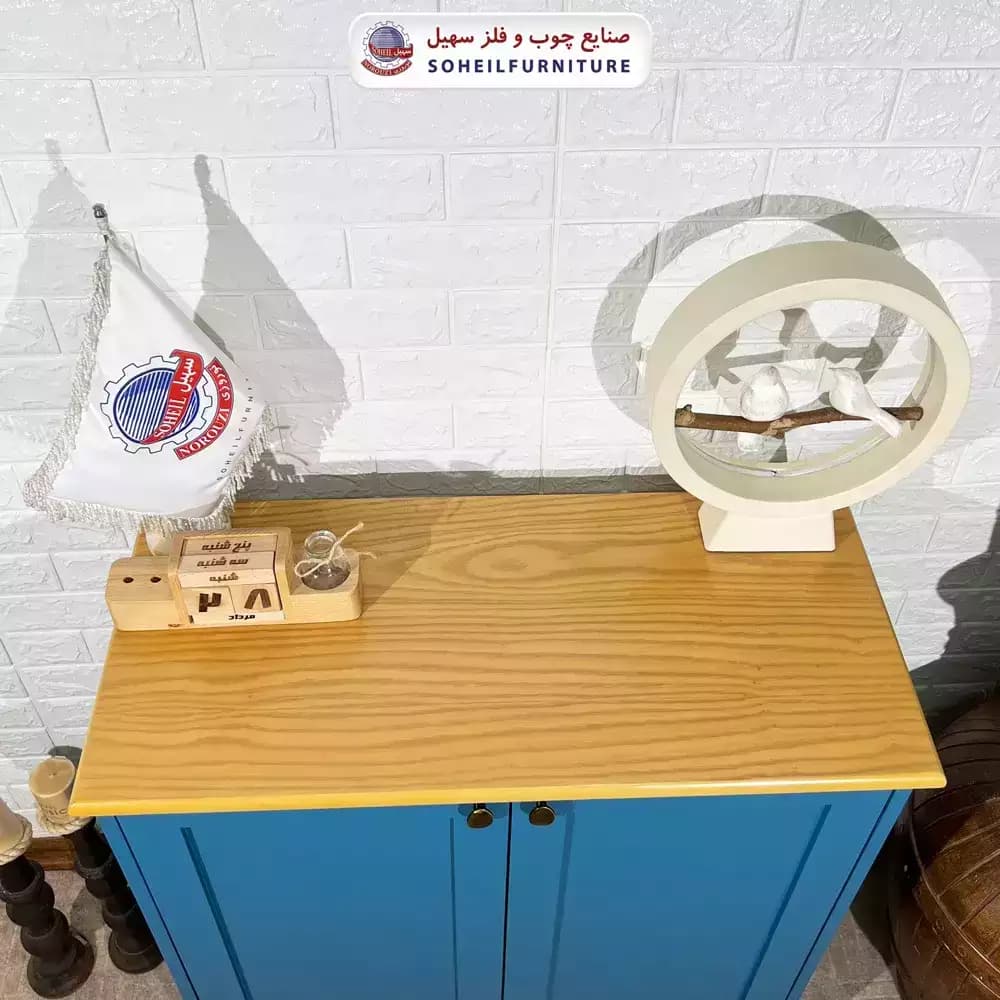 جاکفشی چوب و MDF مدل 103 سهیل (جاکفشی آبی گردویی روکش طبیعی چوب بلوط) — تصویر ۷