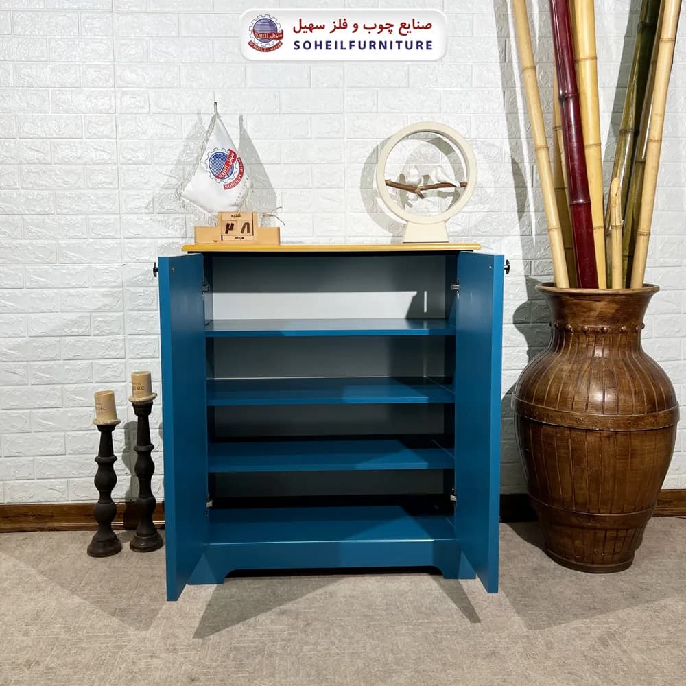 جاکفشی چوب و MDF مدل 103 سهیل (جاکفشی آبی گردویی روکش طبیعی چوب بلوط) — تصویر ۴
