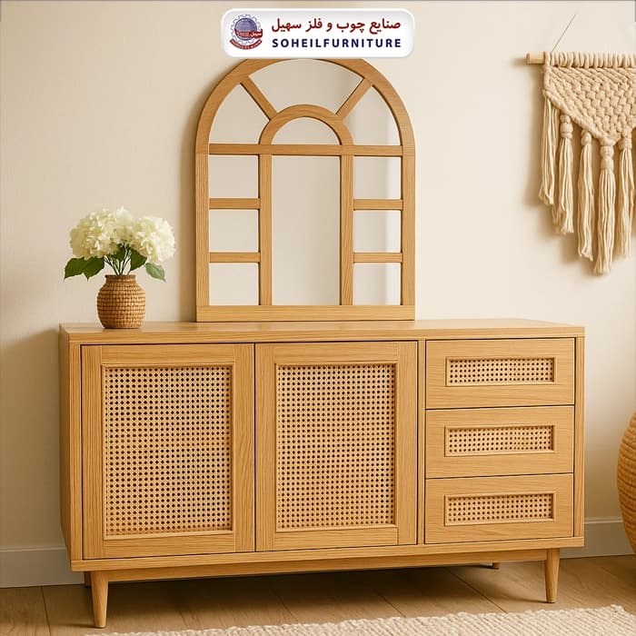 آینه کنسول حصیری چوبی مدرن مدل 143 سهیل(روکش طبیعی چوب بلوط)