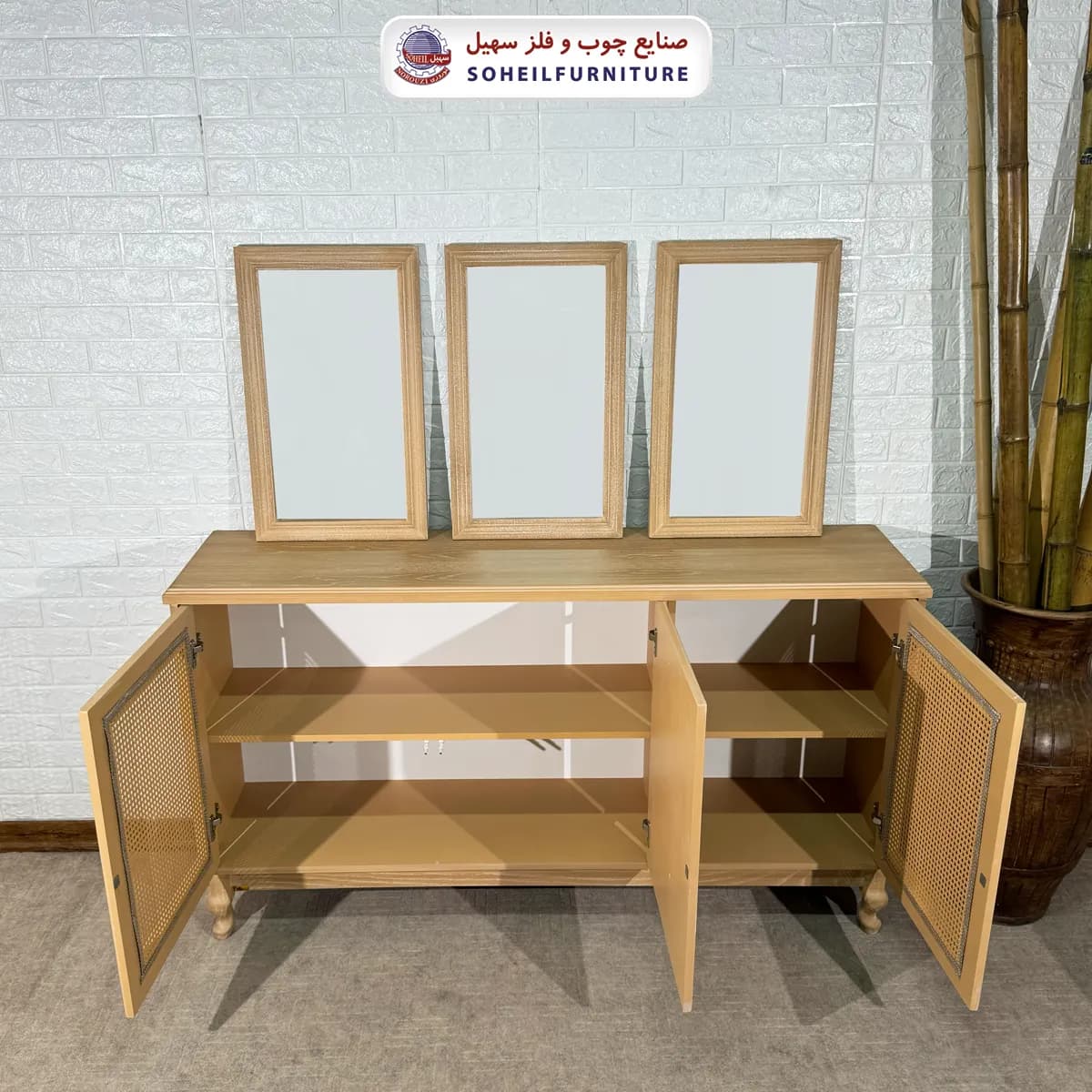 آینه کنسول حصیری چوبی مدرن مدل 142جدید سهیل(روکش طبیعی چوب بلوط) — تصویر ۲