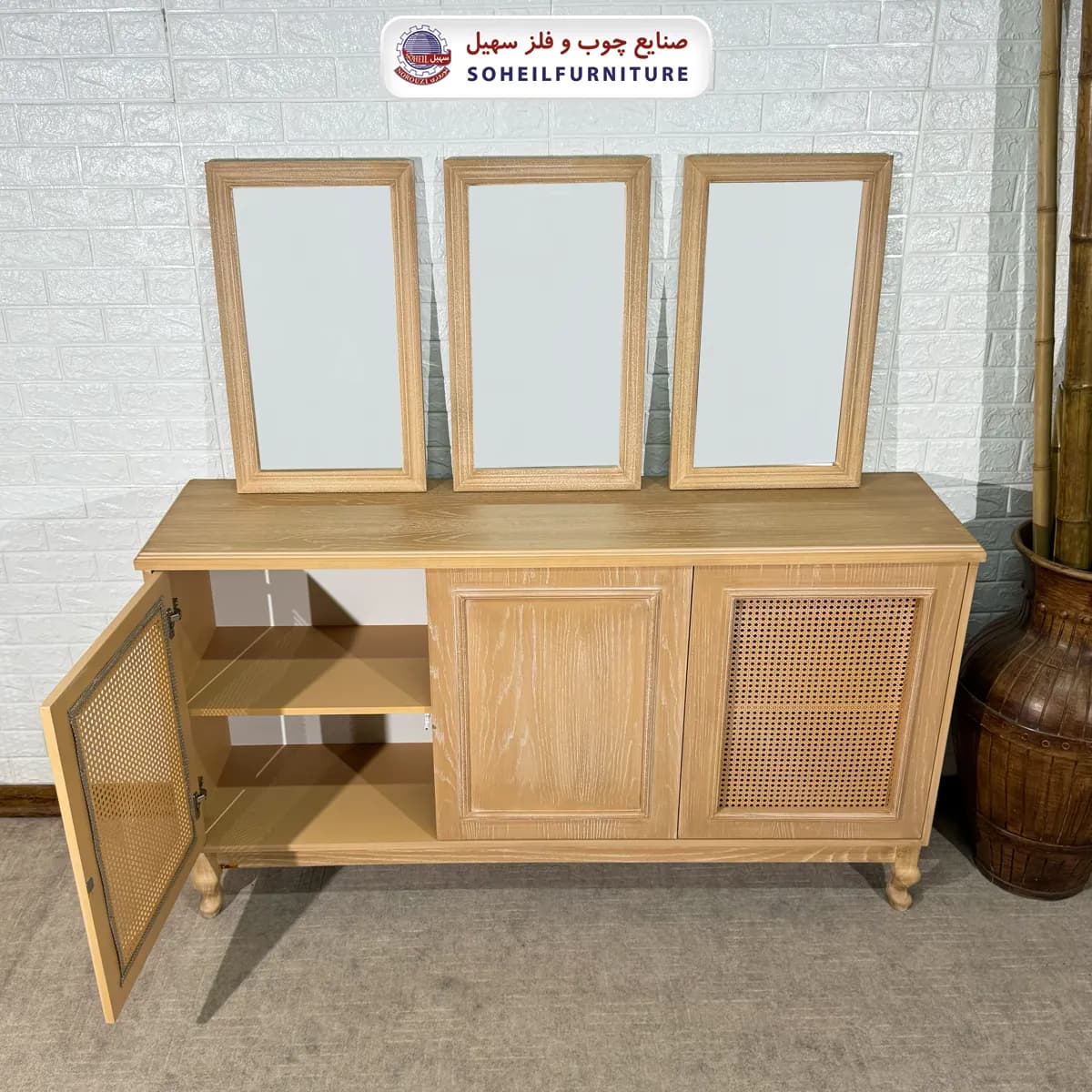 آینه کنسول حصیری چوبی مدرن مدل 142جدید سهیل(روکش طبیعی چوب بلوط) — تصویر ۳
