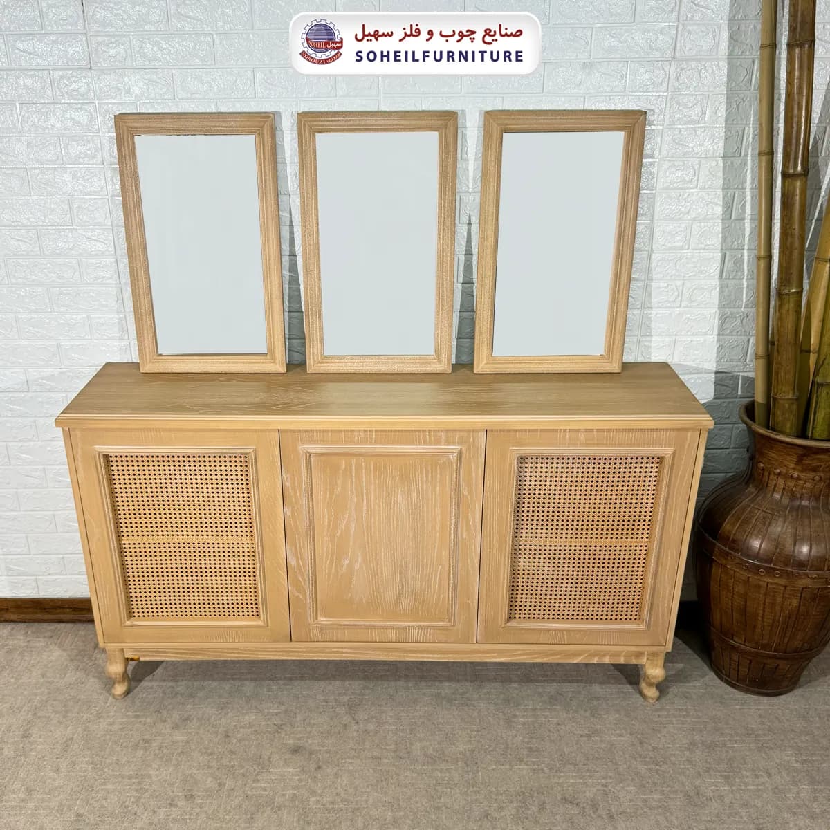 آینه کنسول حصیری چوبی مدرن مدل 142جدید سهیل(روکش طبیعی چوب بلوط) — تصویر ۴