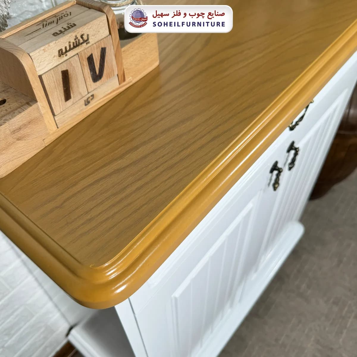 جاکفشی چوب و MDF مدل 140 سهیل (جاکفشی سفید خودرنگ روکش طبیعی چوب بلوط) — تصویر ۷