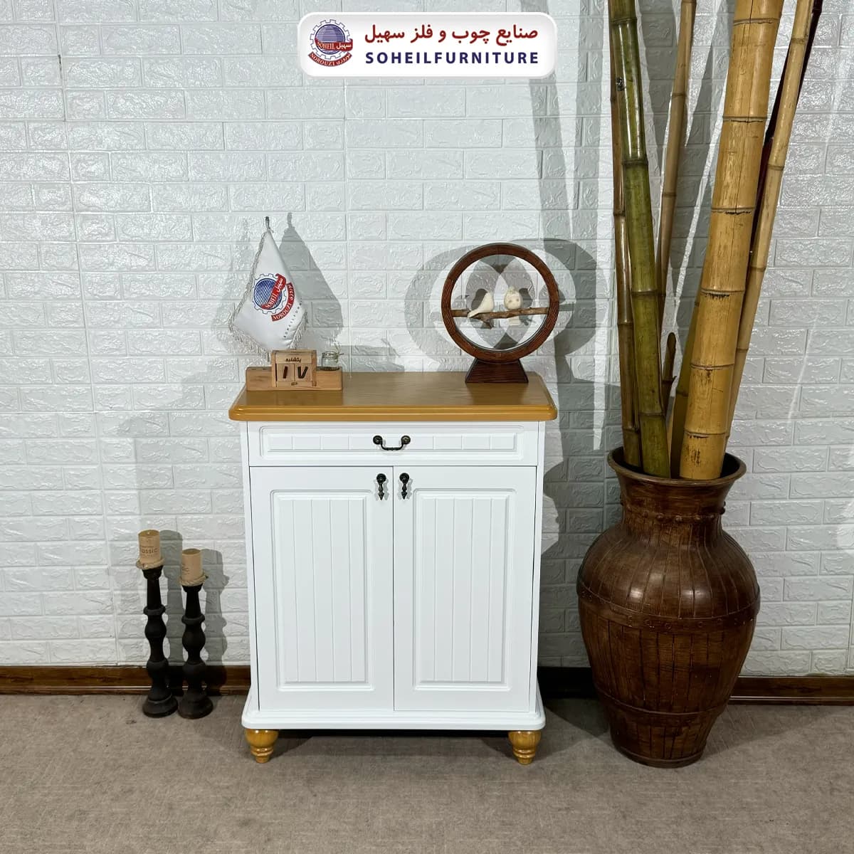 جاکفشی چوب و MDF مدل 140 سهیل (جاکفشی سفید خودرنگ روکش طبیعی چوب بلوط) — تصویر ۲