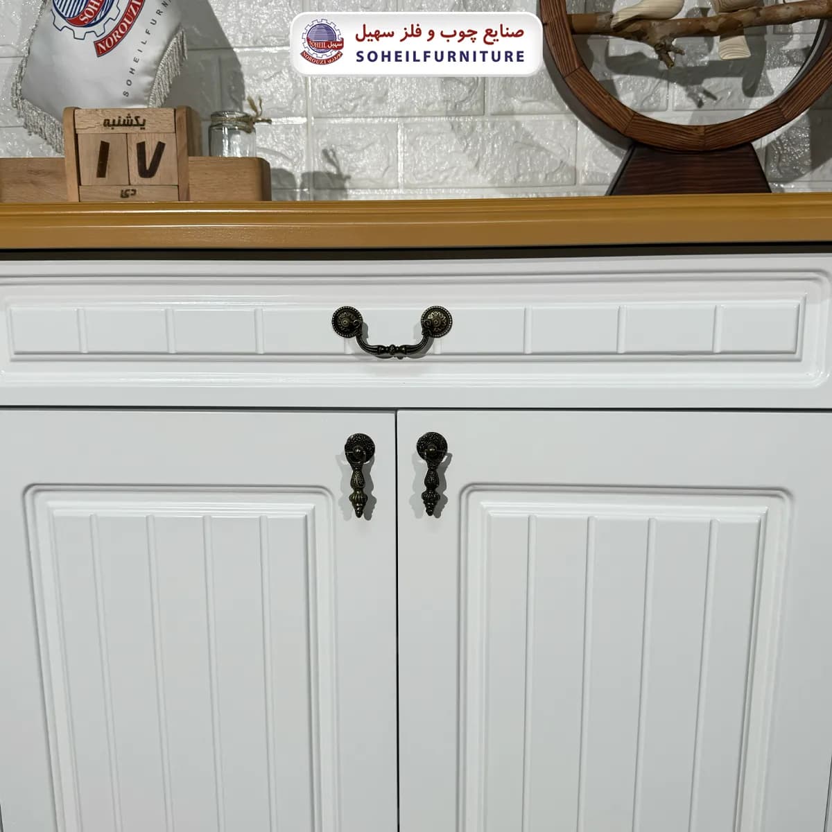 جاکفشی چوب و MDF مدل 140 سهیل (جاکفشی سفید خودرنگ روکش طبیعی چوب بلوط) — تصویر ۸