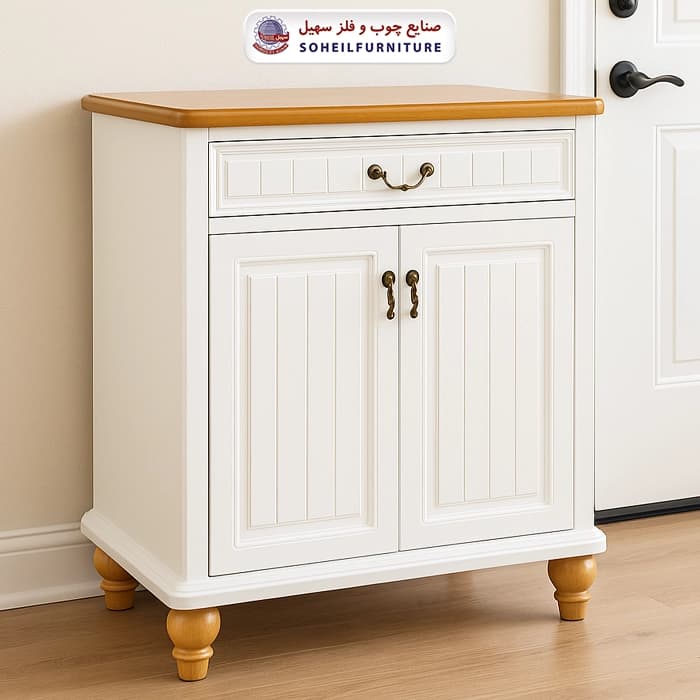 جاکفشی چوب و MDF مدل 140 سهیل (جاکفشی سفید خودرنگ روکش طبیعی چوب بلوط)
