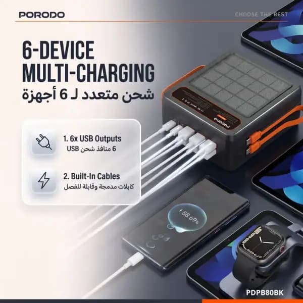 پاوربانک خورشیدی 20000 هزار 22.5 وات با کابل داخلی پرودو مدل Porodo Laros Solar with 22.5W Fast Charging — تصویر ۳