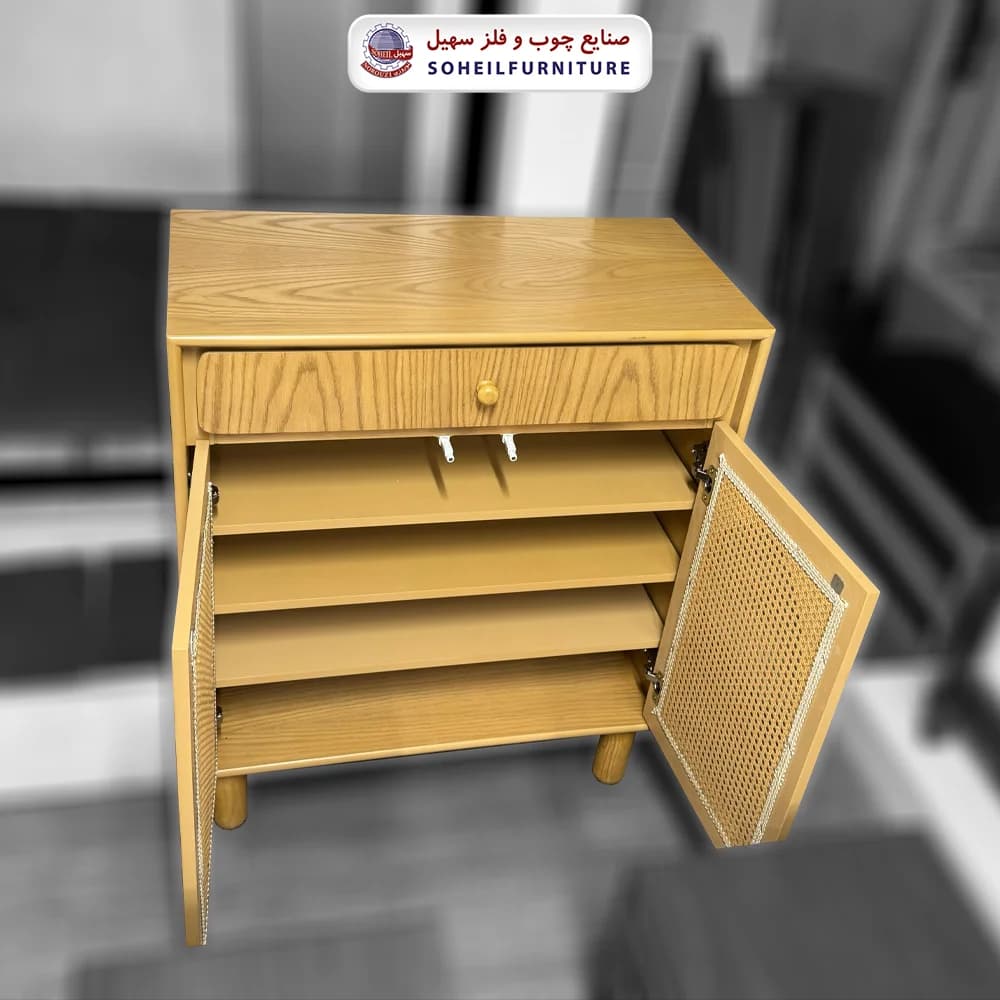 جاکفشی حصیری چوب و MDF کشو دار مدل 146 سهیل (روکش طبیعی چوب بلوط حصیربافت) — تصویر ۴