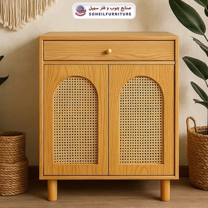 جاکفشی حصیری چوب و MDF کشو دار مدل 146 سهیل (روکش طبیعی چوب بلوط حصیربافت)